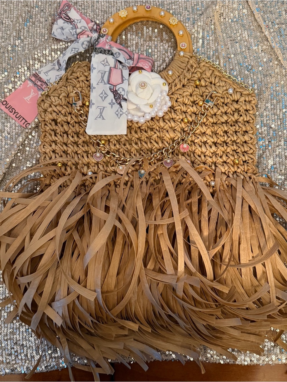 Handmade Women’s Natural Tan Straw Fringe Handbag with LV Decorative Scarf